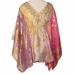 Boston Proper Gold Metallic Brocade Kaftan Cape Top | Jeweled V-Neck | Size M